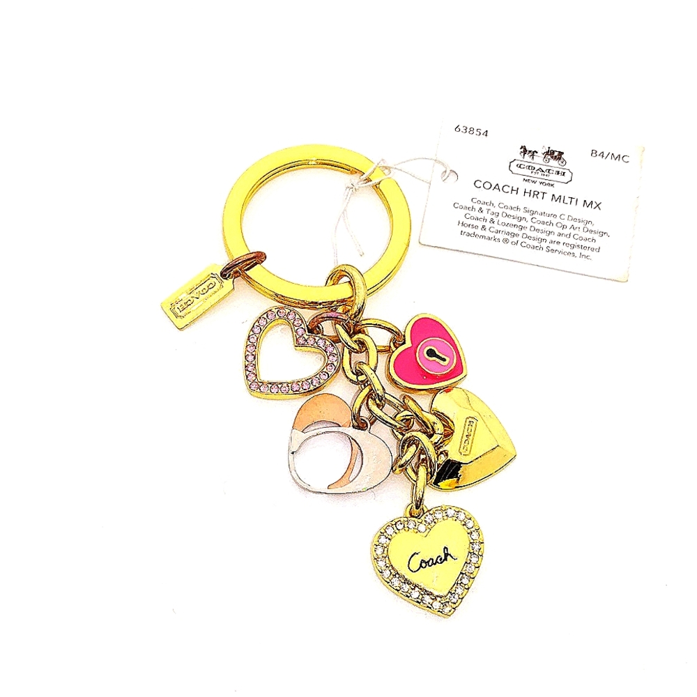 Vintage COACH Gold Pink Multi Heart CZ  Keychain Fob #63854